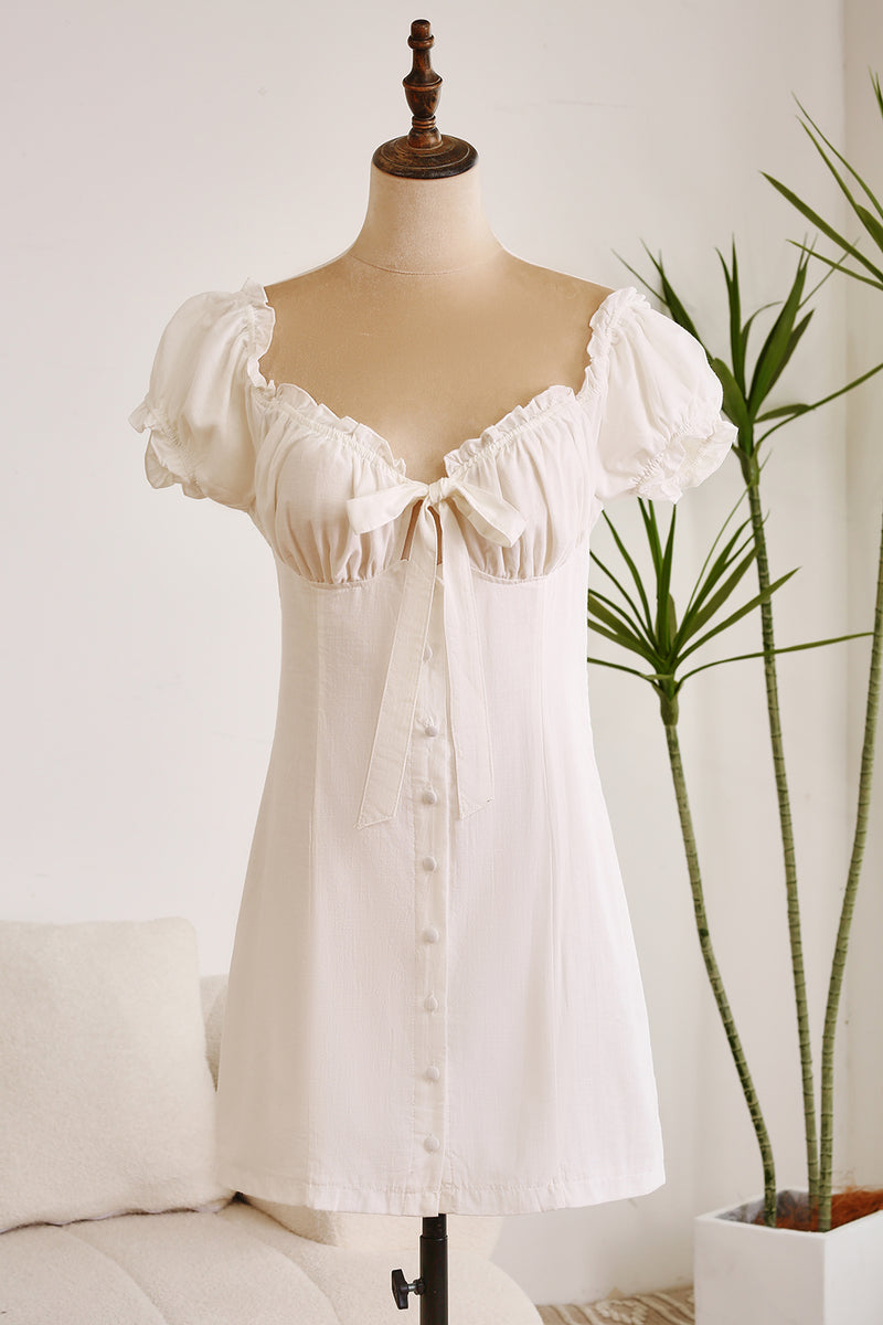 Load image into Gallery viewer, Sheath Single Breasted Lace-Up Little White Dress With Puff Sleeves