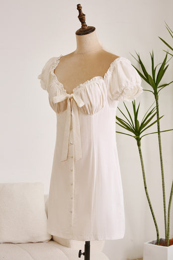 Sheath Single Breasted Lace-Up Little White Dress With Puff Sleeves
