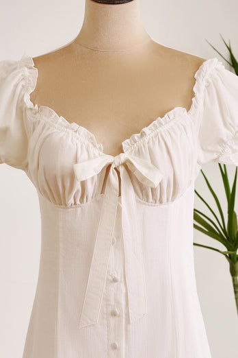 Sheath Single Breasted Lace-Up Little White Dress With Puff Sleeves