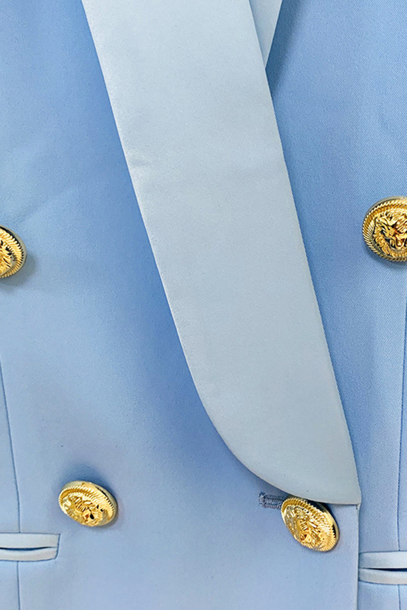 Load image into Gallery viewer, Blue Buttoned Satin Lapel Blazer Dress