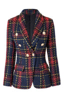 Load image into Gallery viewer, Blue Red Slim Retro Lapel Plaid Women Blazer