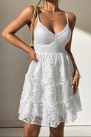 Load image into Gallery viewer, White Spaghetti Straps Graduation Dress with Lace