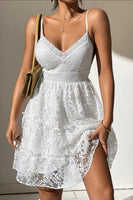 Load image into Gallery viewer, White Spaghetti Straps Graduation Dress with Lace
