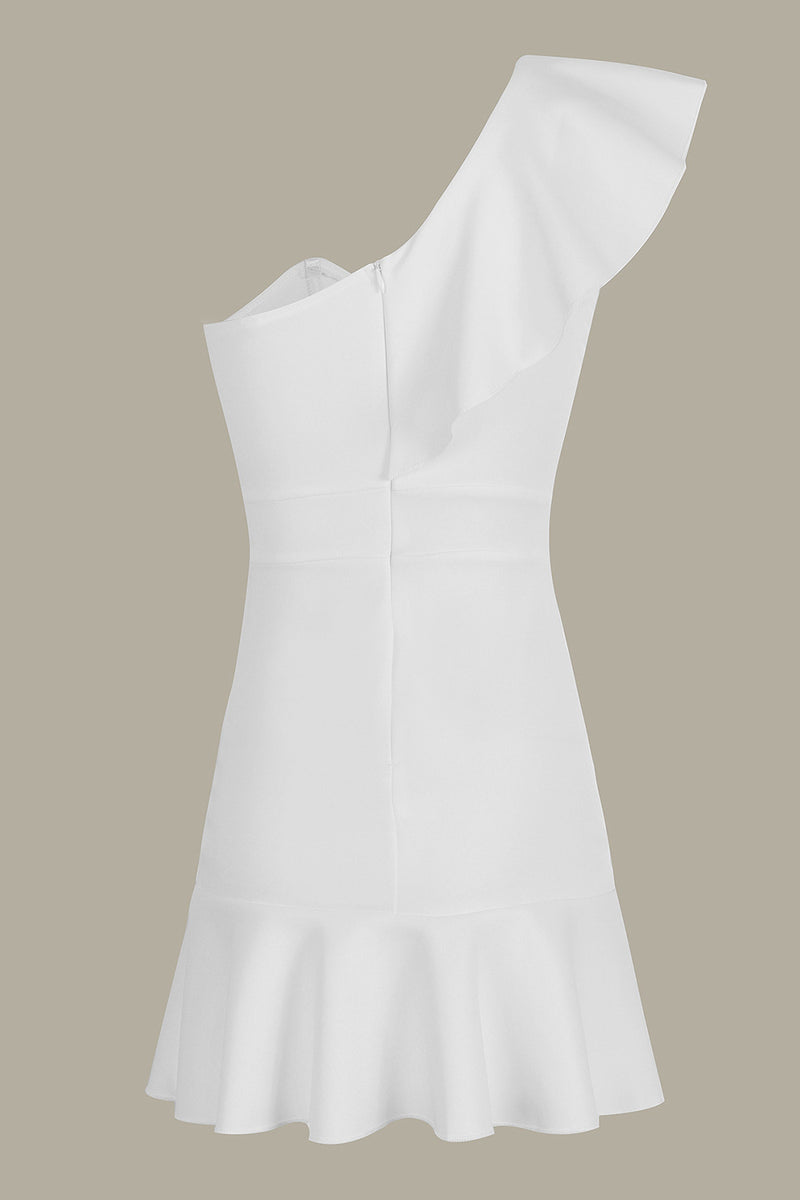Load image into Gallery viewer, Bodycon One Shoulder Mini White Dress With Ruffle