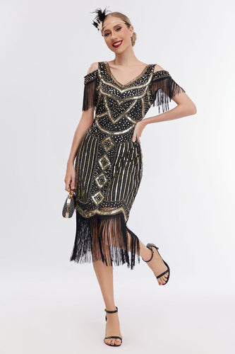 Sparkly Black Golden Cold Shoulder Fringes 1920s Gatsby Dress