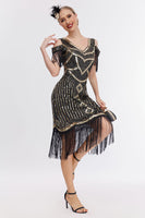 Load image into Gallery viewer, Sparkly Black Golden Cold Shoulder Fringes 1920s Gatsby Dress
