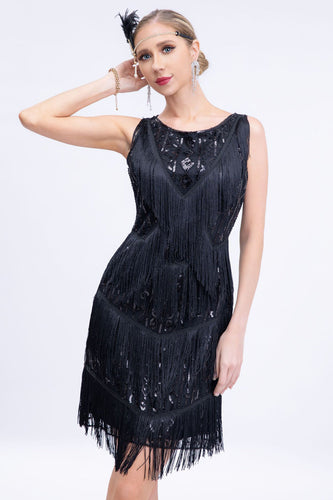 Sparkly Black Fringed 1920s Gatsby Dress with Sequins