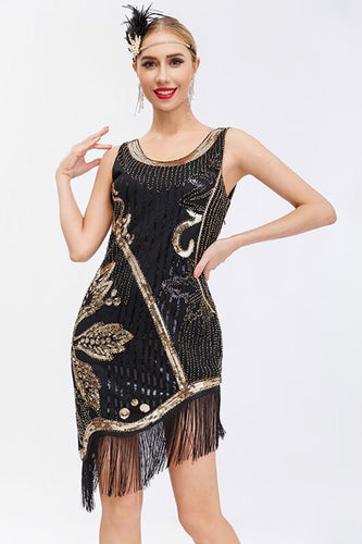 Glitter Beaded Black 1920s Dress with Fringes