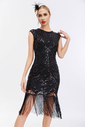 Glitter Black Sequins 1920s Gatsby Dress with Fringes