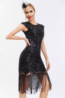 Load image into Gallery viewer, Glitter Black Sequins 1920s Gatsby Dress with Fringes