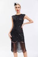 Load image into Gallery viewer, Glitter Black Sequins 1920s Gatsby Dress with Fringes