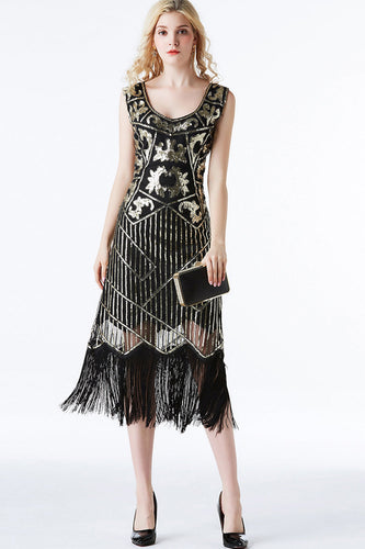 Sparkly Black Golden Fringed 1920s Flapper Dress