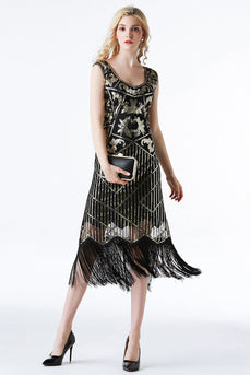 Sparkly Black Golden Fringed 1920s Flapper Dress