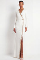 Load image into Gallery viewer, Sparkly Beige V-Neck Mermaid Long Formal Dress with Slit