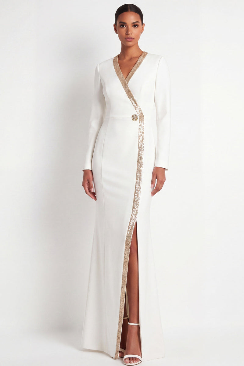 Load image into Gallery viewer, Sparkly Beige V-Neck Mermaid Long Formal Dress with Slit