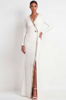 Load image into Gallery viewer, Sparkly Beige V-Neck Mermaid Long Formal Dress with Slit