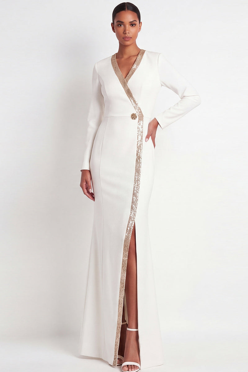 Load image into Gallery viewer, Sparkly Beige V-Neck Mermaid Long Formal Dress with Slit