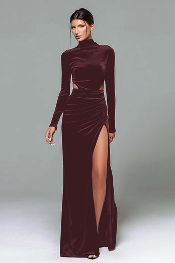 Plum High Neck Velvet Sheath Cut Out Long Holiday Party Dress