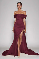 Load image into Gallery viewer, Champagne Sheath Off the Shoulder Satin Long Prom Dress with Slit