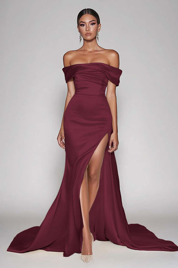 Champagne Sheath Off the Shoulder Satin Long Prom Dress with Slit