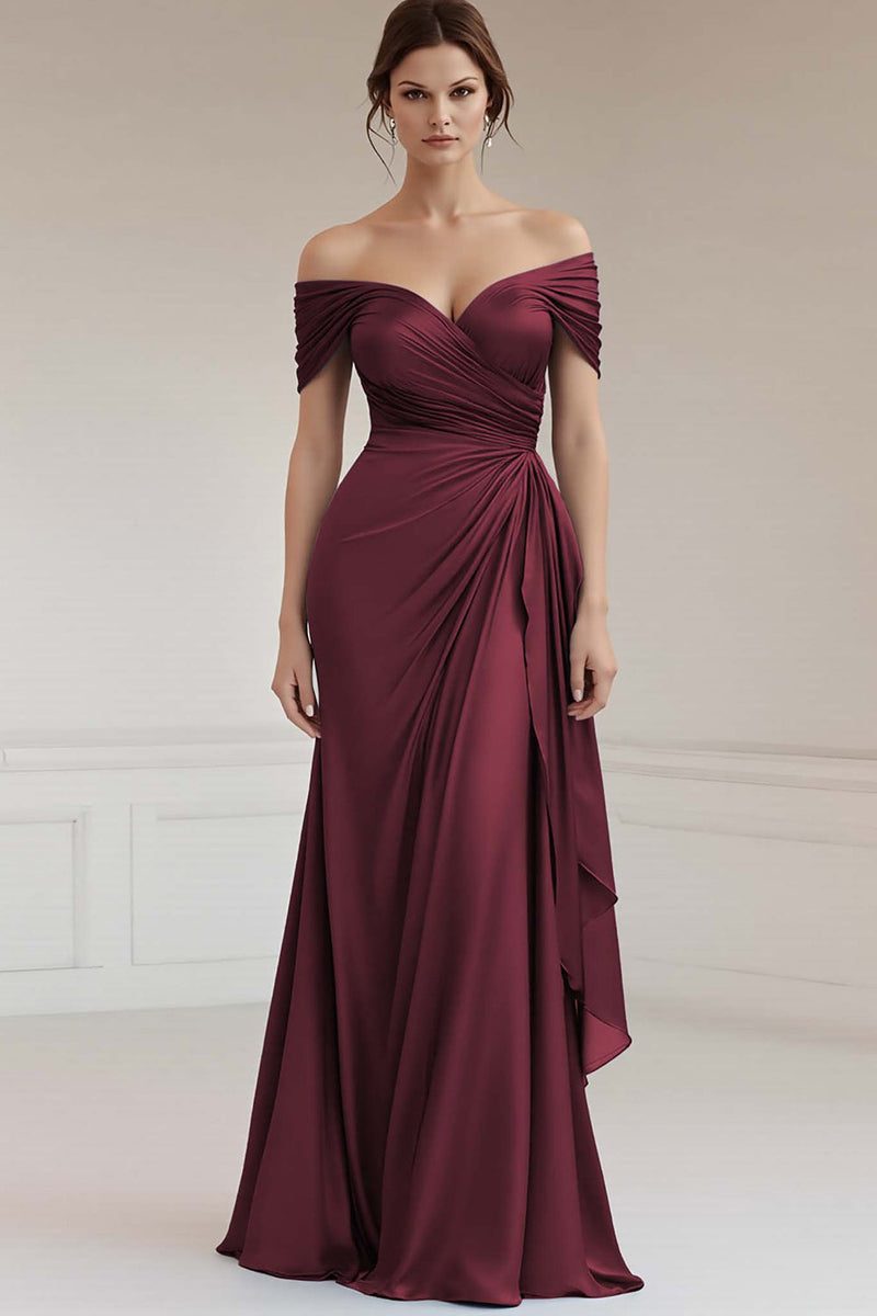 Load image into Gallery viewer, Grey Blue Off the Shoulder Sheath Satin Maxi Formal Dress