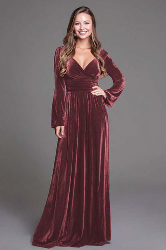Cabernet V-Neck A-Line Velvet Long Holiday Party Dress with Sleeves