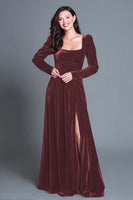 Load image into Gallery viewer, Plum A-Line Long Sleeves Velvet Holiday Party Dress with Slit