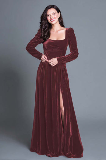 Plum A-Line Long Sleeves Velvet Holiday Party Dress with Slit
