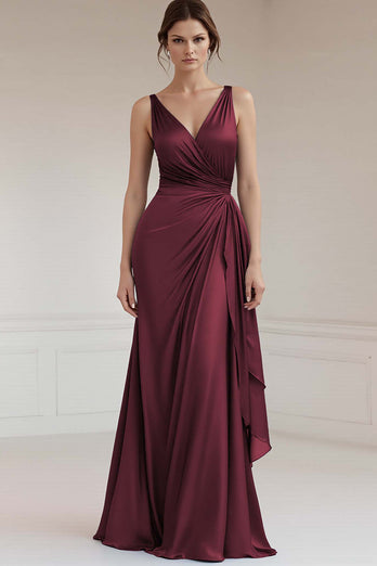 Grey Blue Sheath V-Neck Ruched Maxi Satin Formal Dress