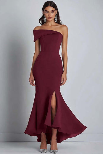 Navy Satin Off the Shoulder Sheath Long Formal Dress with Slit
