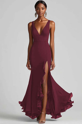Black Chiffon Mermaid V Neck Long Formal Dress with Slit