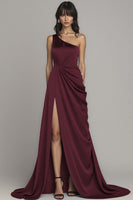 Load image into Gallery viewer, Black One Shoulder A Line Satin Maxi Formal Dress with Slit