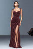 Load image into Gallery viewer, Burgundy Ruched Velvet Long Holiday Party Dress with Slit