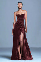 Load image into Gallery viewer, Burgundy Velvet Long Strapless Holiday Party Dress with Slit