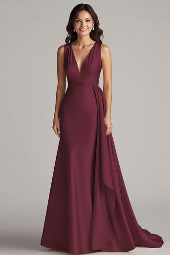 Champagne V-Neck Mermaid Satin Maxi Formal Dress
