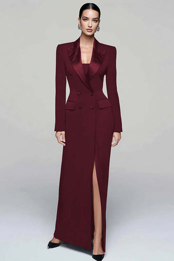 Black Peak Lapel Double Breasted Pencil Long Blazer Dress with Sleeves