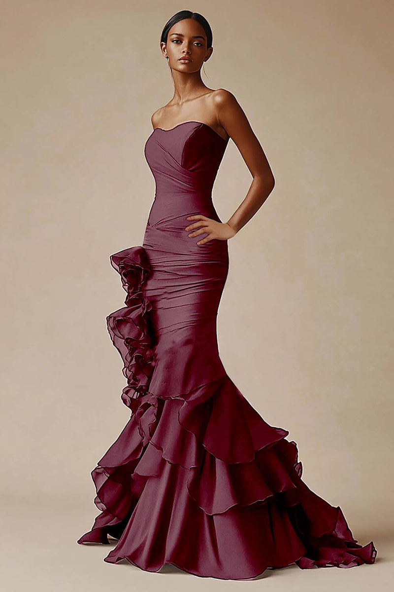 Load image into Gallery viewer, Sweetheart Mermaid Tiered Long Black Tie Dress