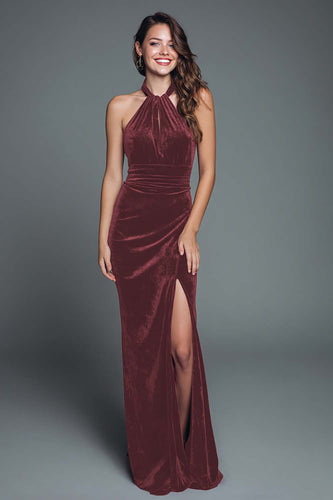 Cabernet Halter Mermaid Velvet Long Holiday Party Dress with Slit