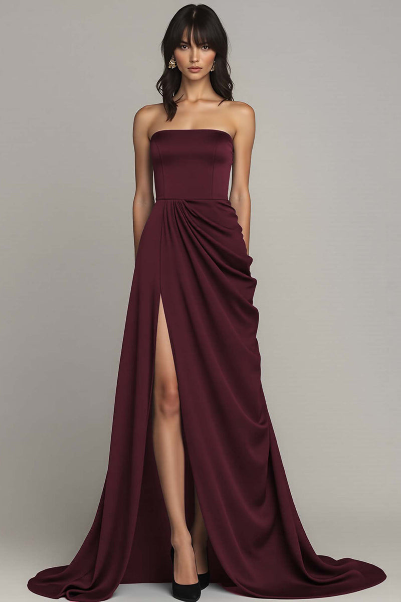 Load image into Gallery viewer, Black Strapless Satin A Line Maxi Formal Dress with Slit