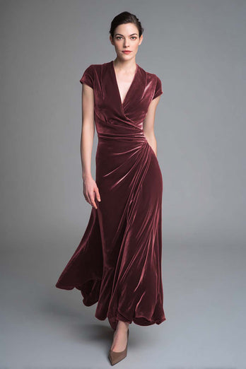 Caramel Velvet Ruched V Neck Long Holiday Party Dress with Sleeves
