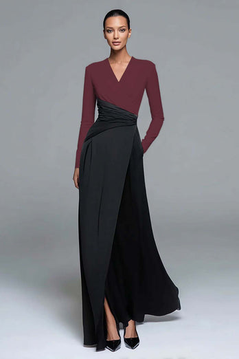 Black and White Patchwork Long Sleeves V-Neck Formal Dress with Pockets