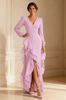 Load image into Gallery viewer, Purple V Neck Asymmetrical Ruffled Mother of the Bride Dress with Slit