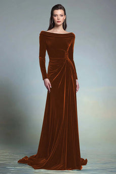 Cabernet Velvet Bateau Neck Long Formal Dress with Sleeves