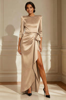 Load image into Gallery viewer, Satin Chocolate Round Neck Long Mother of the Bride Dress with Sash