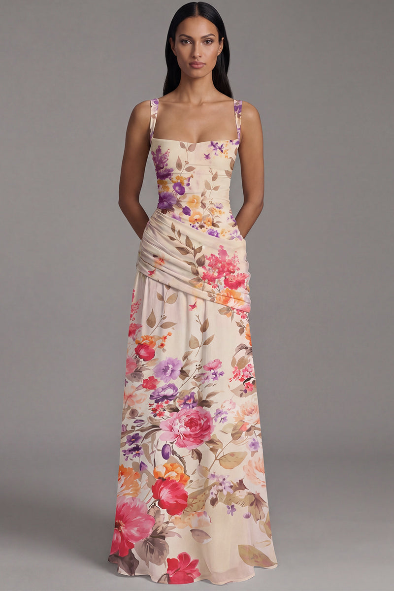 Load image into Gallery viewer, Square Neck Floral A Line Draped Maxi Ivory Beach Wedding Guest Dress