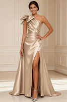 Load image into Gallery viewer, One Shoulder Silver A Line Long Mother of the Bride Dress with Bow