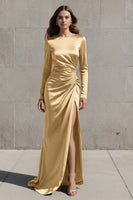 Load image into Gallery viewer, Olive Boat Neck Mermaid Long Sleeves Satin Evening Dress with Slit