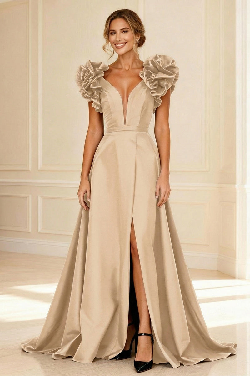 Load image into Gallery viewer, Black V-Neck A-Line Long Mother of the Bride Dress with Ruffles