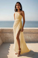 Load image into Gallery viewer, Chiffon One Shoulder Ruched Ivory Maxi Rehearsal Dinner Dress with Slit