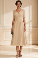 Load image into Gallery viewer, V-Neck Navy A-Line Midi Mother of the Bride Dress